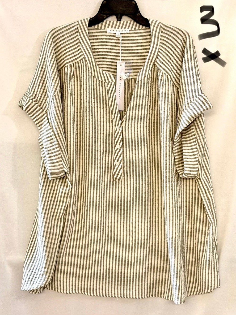 Jane and Delancey Vertical Stripe V-Neck Tunic - Grey  & White